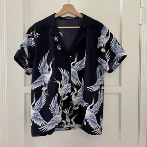 Vintage, Asian inspired crane print, navy short sleeve camp shirt